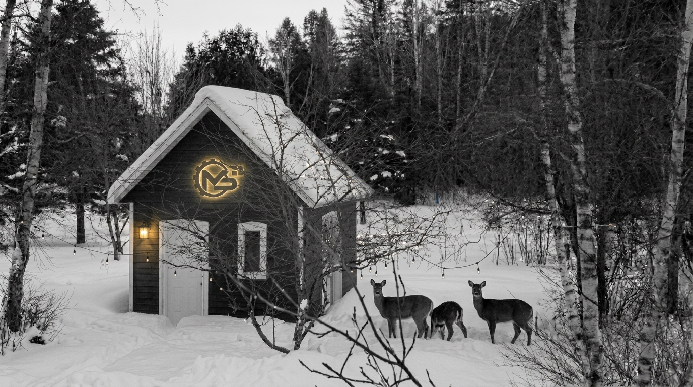 Metric Systems field office — small workshop building at the edge of the woods, branded sign mounted above the door, with three deer in the snow nearby