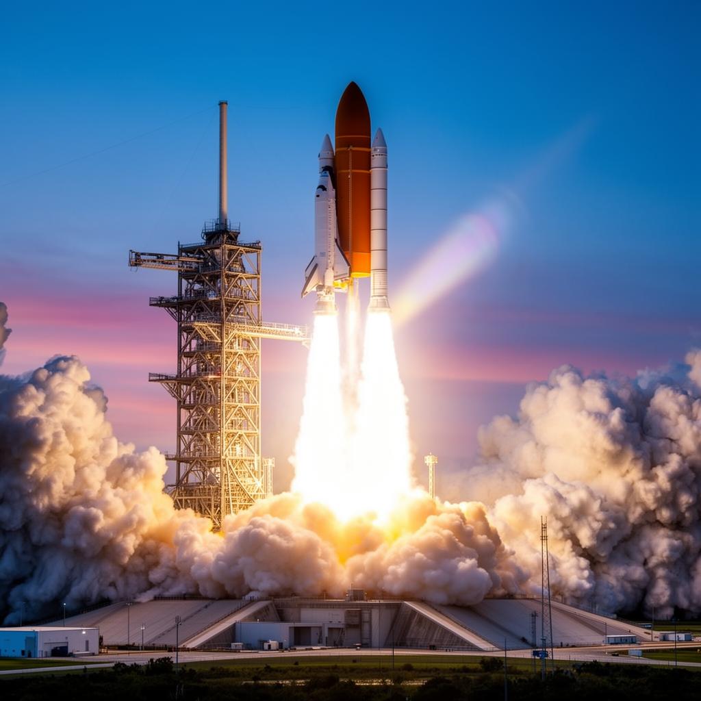 NASA Space Launch System with Orion capsule lifting off from Launch Pad 39B