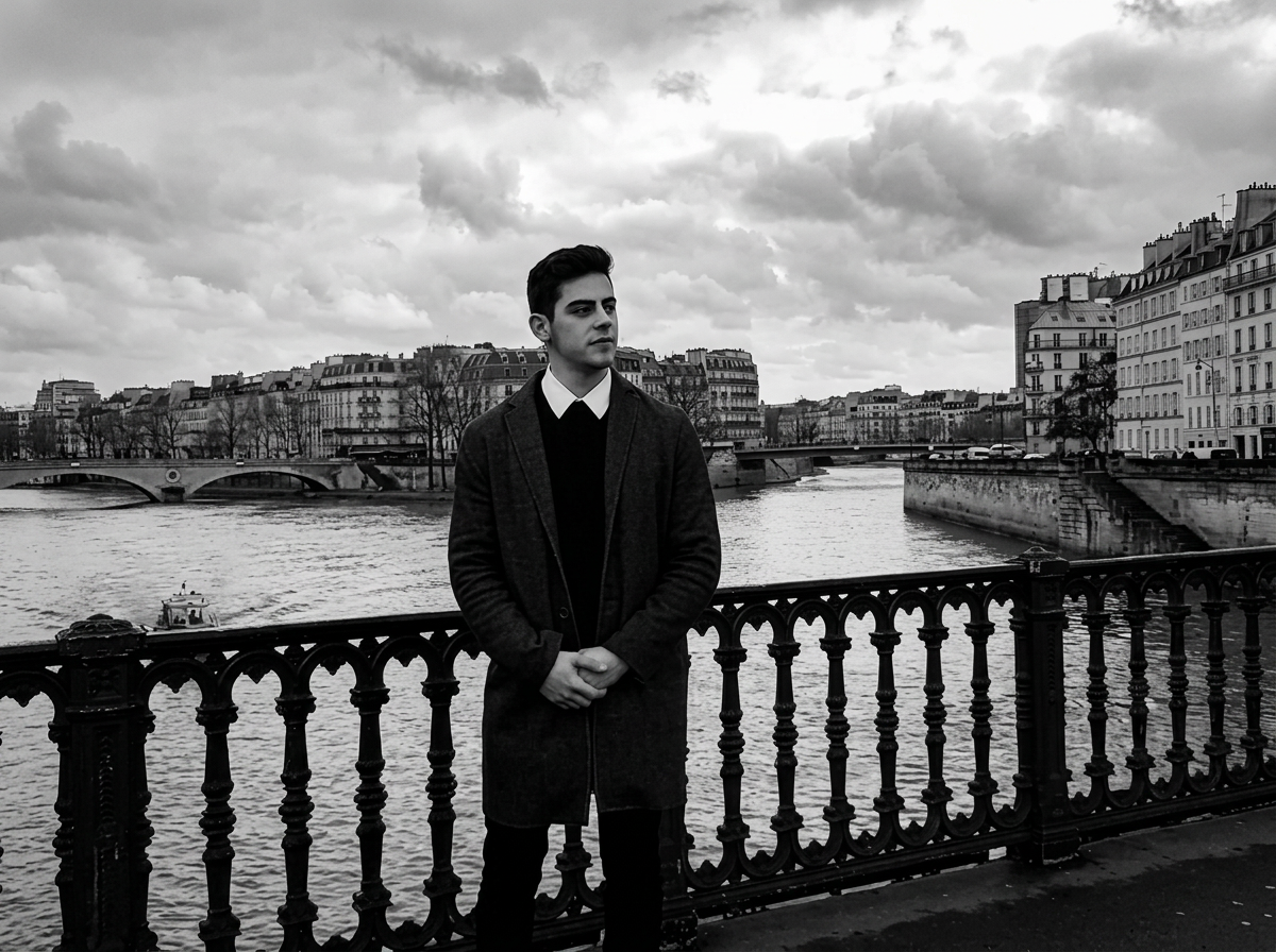 Portrait of Yvann Libs, projects director at Metric Systems, on a Paris bridge over the Seine